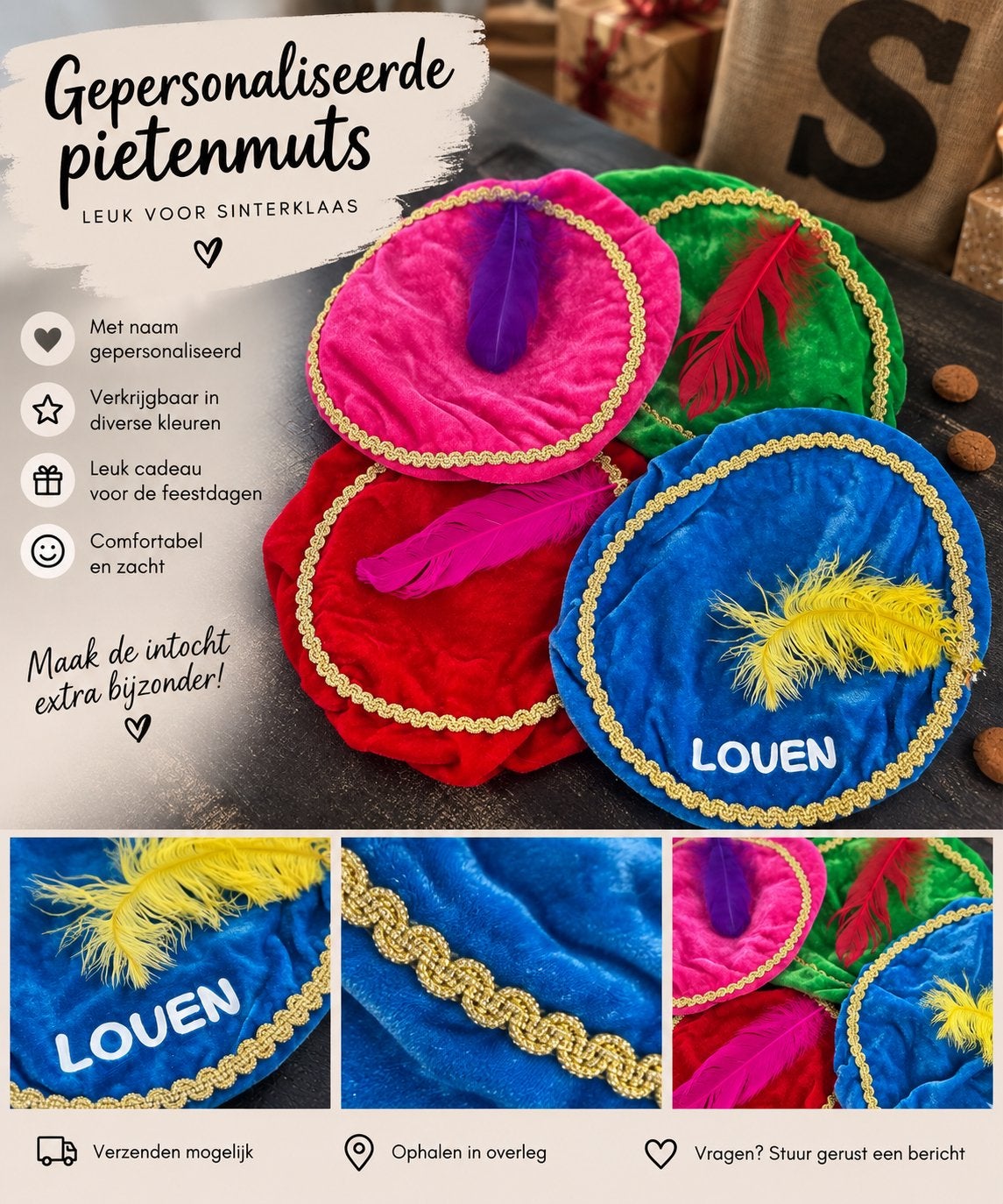 Gepersonaliseerde Pietenmuts - Kies Kleur, Lettertype & Naam, Ophalen of Verzenden, Nieuw