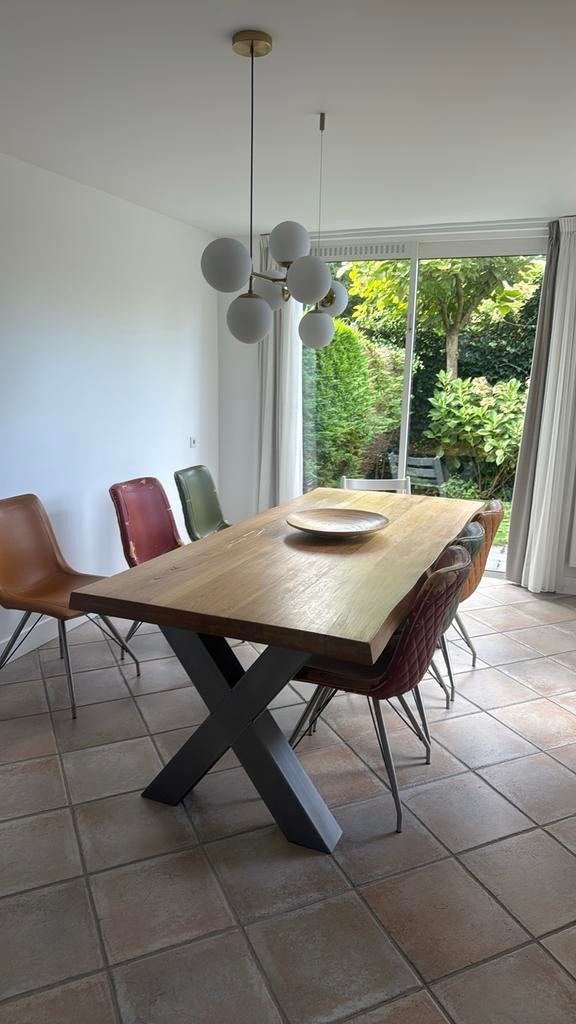 Robuuste eettafel met eiken blad en metalen X-poot, Gebruikt, 100 tot 150 cm, Eikenhout, 200 cm of meer