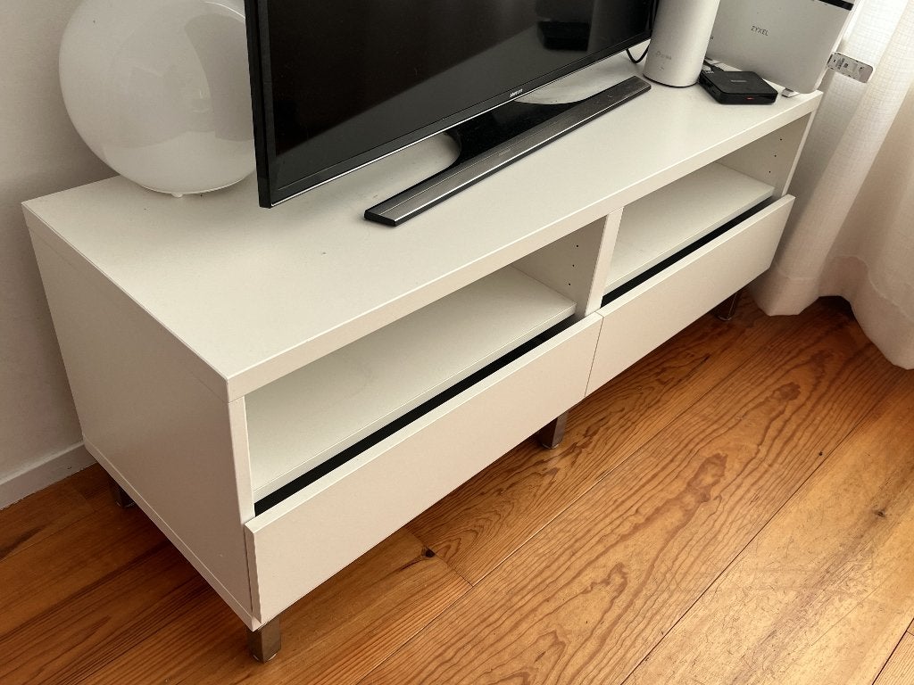 IKEA BESTÅ tv-meubel wit met 2 lades en open vakken, Ophalen, Overige materialen, 100 tot 150 cm, Zo goed als nieuw