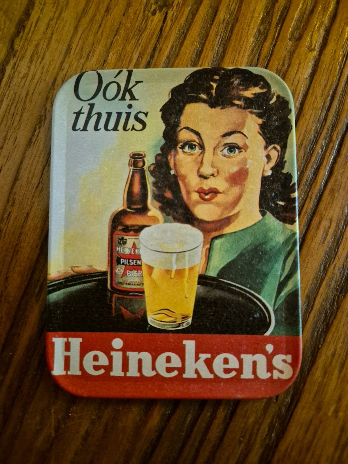 Vintage Heineken onderzetter jaren 50 – "Oók thuis", Ophalen of Verzenden, Zo goed als nieuw, Overige typen, Heineken