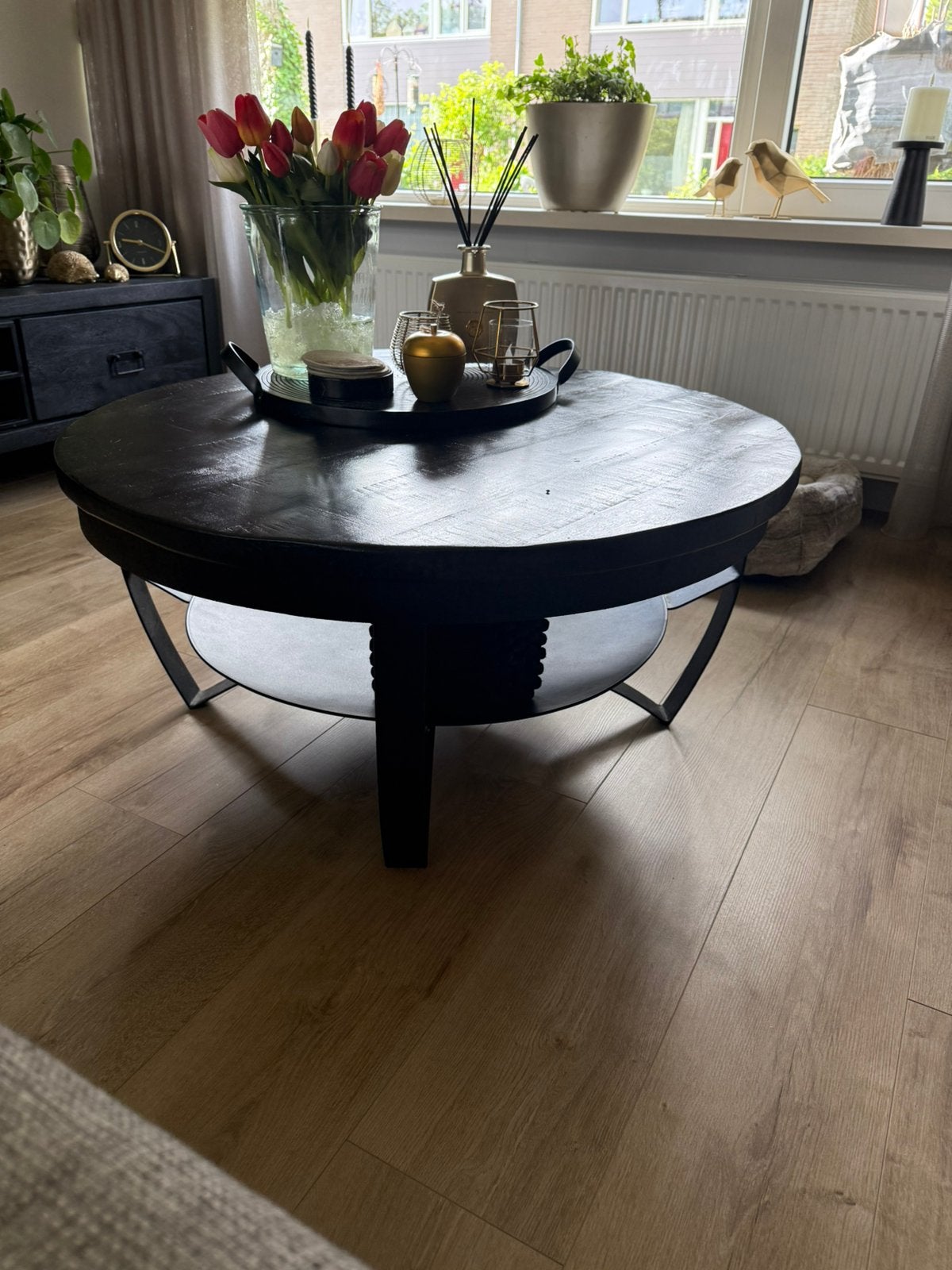 Salon tafel mango hout zwart, Ophalen, Rond, 50 tot 100 cm, Zo goed als nieuw