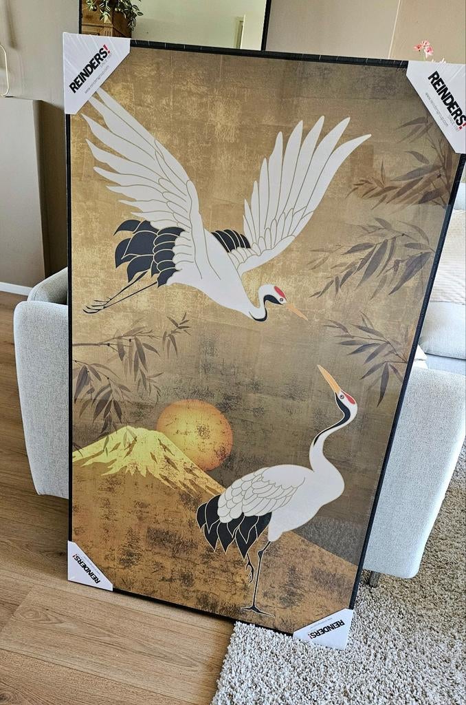 Schilderij goud, canvas, kraanvogels, vogels, Huis en Inrichting, Ophalen, 100 tot 150 cm, Nieuw, Rechthoekig