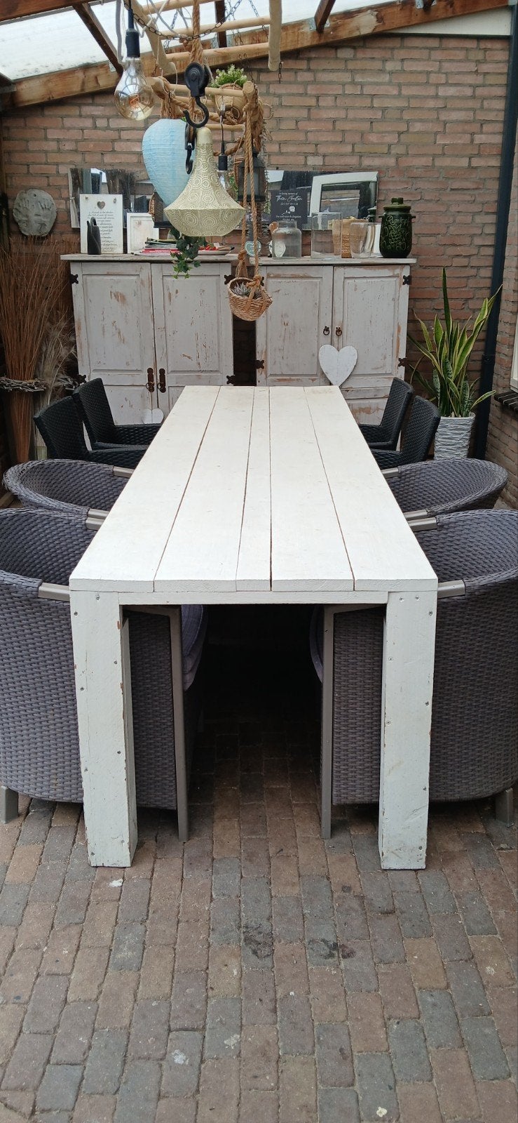 Steigerhouten tuintafel 300 cm met 8 stoelen, Tuin en Terras, Ophalen, Gebruikt, Steigerhout, 8 zitplaatsen