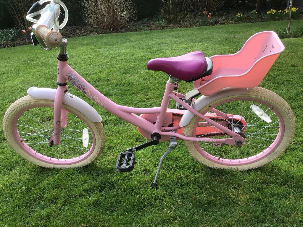 Roze kinderfiets Nogan Butterfly 16 inch met poppenzitje, Fietsen en Brommers, Fietsen | Kinderfietsjes, Ophalen, Gebruikt, 16 tot 20 inch