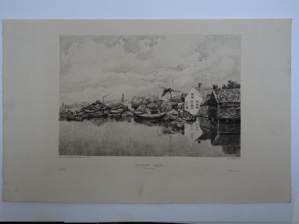 Gravure Wetering Singel Amsterdam T.N. Chauvel, 19e eeuw, Antiek en Kunst, Kunst | Etsen en Gravures, Stadsgezicht, Ophalen of Verzenden