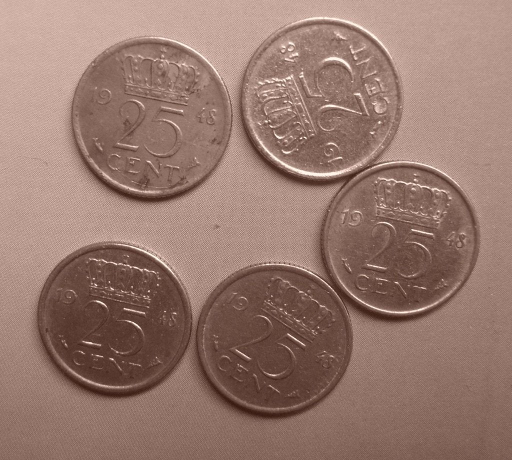 5x Kwartje uit 1948 van WILHELMINA, Ophalen of Verzenden, Koningin Wilhelmina, 25 cent, Losse munt