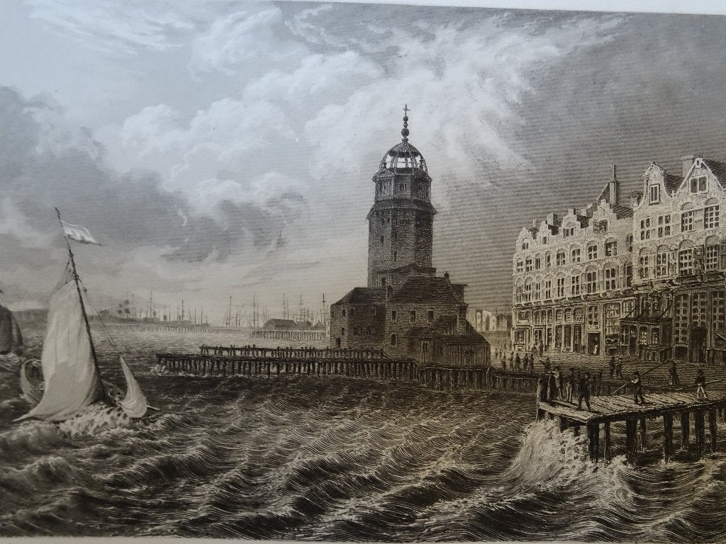 Staalgravure Haringpakkerstoren Amsterdam Aubert, 1824, Antiek en Kunst, Verzenden, Stadsgezicht, Gravure, Origineel
