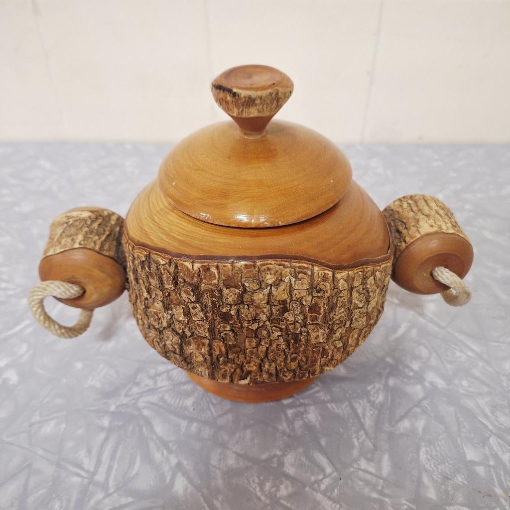 Brocante Houten Boomschors Potje met Touw, Antiek en Kunst, Ophalen of Verzenden