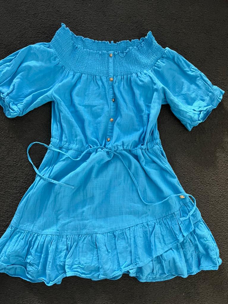 NIKKIE gevoerde zomerse off-shoulder jurk met linnen, Maat 38/40 (M), Blauw, Nieuw, Ophalen of Verzenden