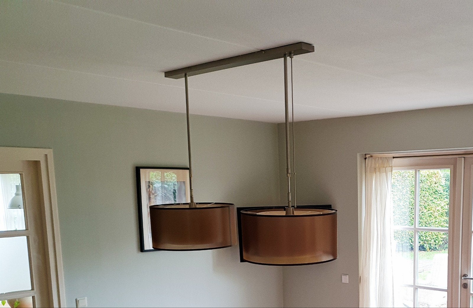Mooie hanglamp met 4 lampenkappen voor eettafel, Ophalen, Gebruikt, Metaal, E27 (groot)