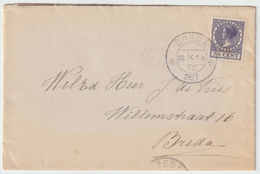 Nederland 1927. 7.5 ct Violet type Veth., Ophalen of Verzenden, Envelop