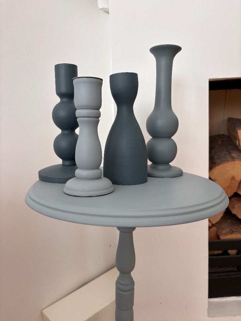 Collection of Blue Painted Wooden Candleholders, Gebruikt, Blauw, Ophalen of Verzenden, Kandelaar
