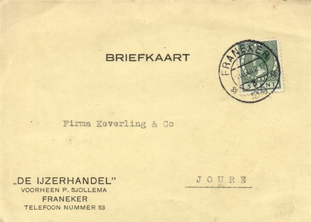 De IJzerhandel voorheen P. Sjollema, Franeker - 12.1929 - br, Ophalen of Verzenden, Briefkaart