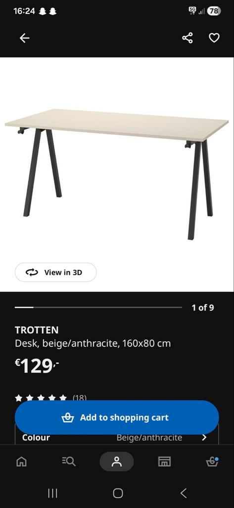 IKEA TROTTEN Bureau - Beige/Antraciet, 160x80 cm, Ophalen, Spaanplaat of MDF, Zo goed als nieuw, IKEA