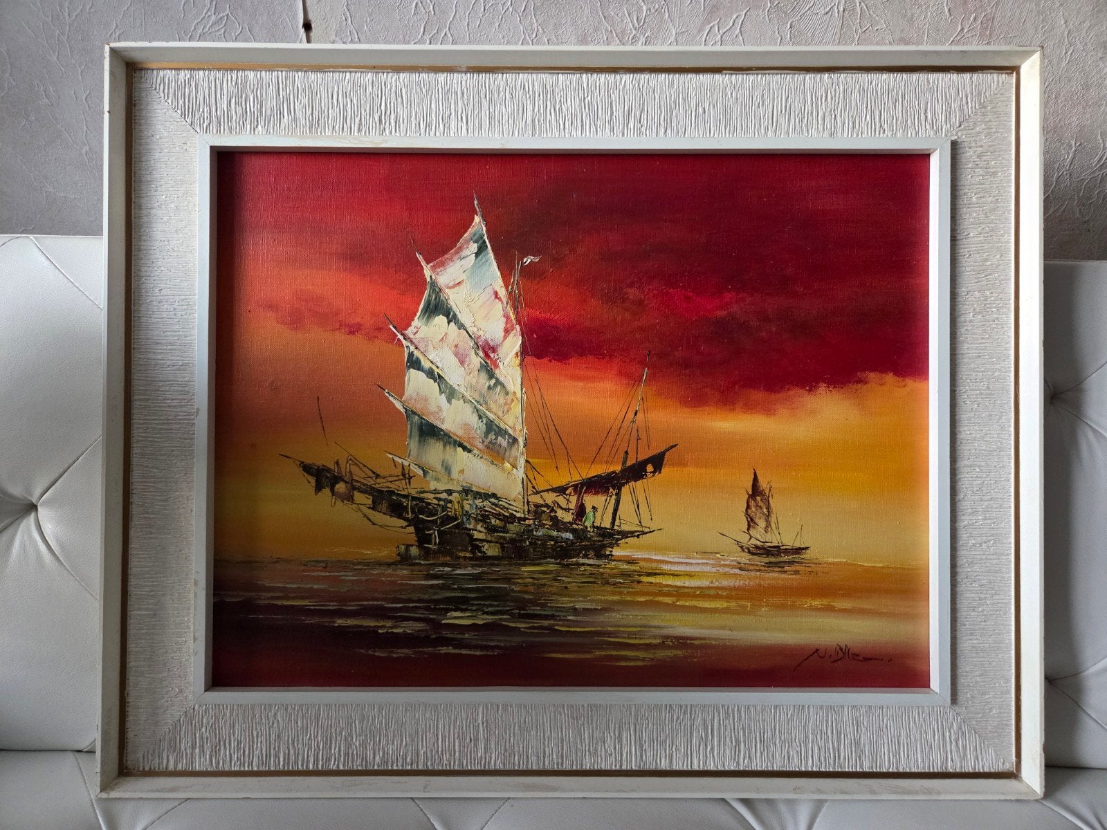 Olieverfschilderij van een traditioneel Chinees zeilschip, Ophalen of Verzenden