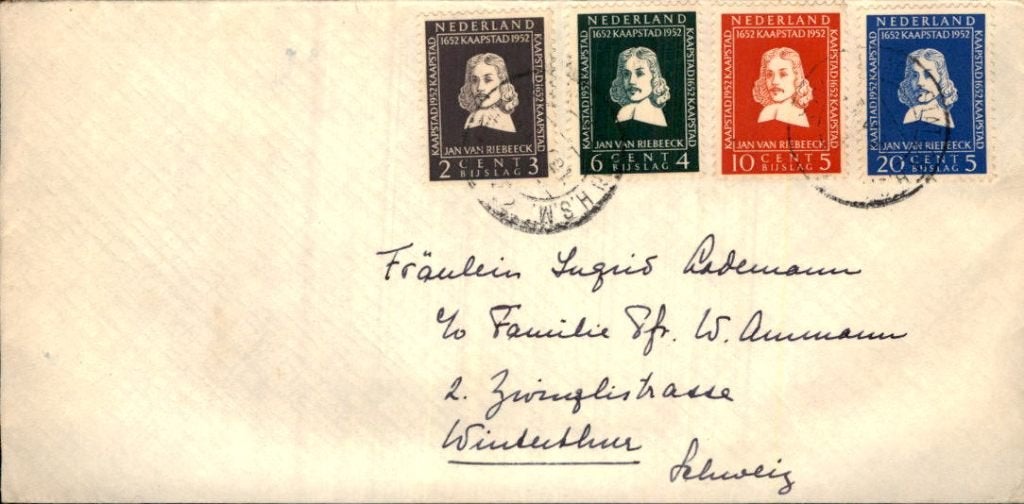 Den Haag - Zwitserland - Riebeeck Serie - 1952, Postzegels en Munten, Brieven en Enveloppen | Nederland, Ophalen of Verzenden