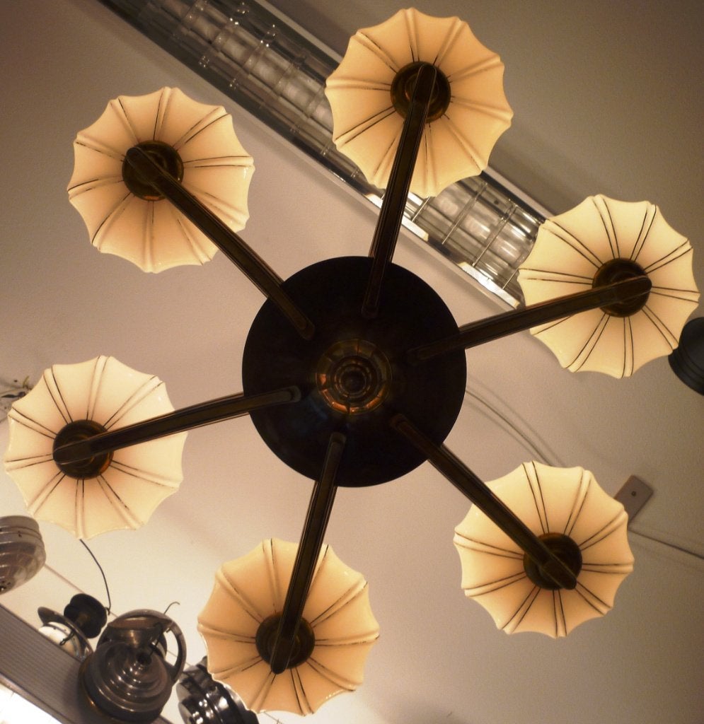 Vintage salonlamp uit de dertiger jaren met 6 kappen., Antiek en Kunst, Ophalen