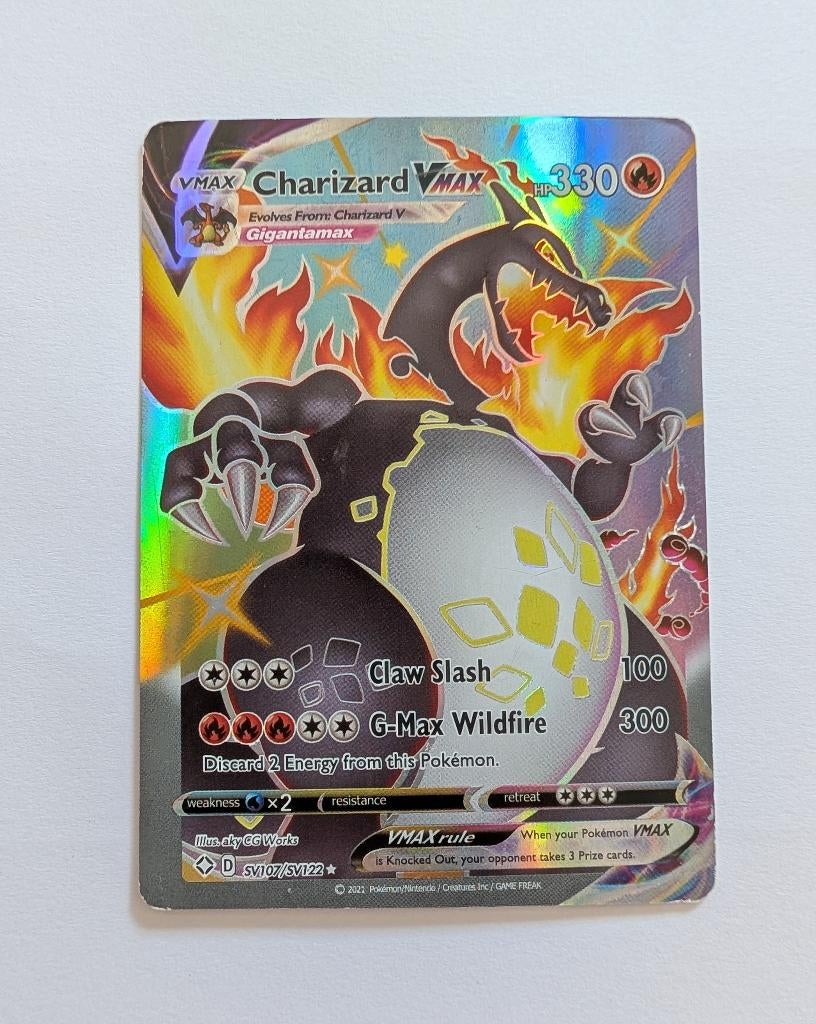 Pokémon kaart - Charizard VMax SV107/SV122, Ophalen of Verzenden, Zo goed als nieuw, Losse kaart, Foil