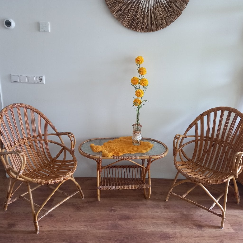 Mooie rotan set; vintage tafel+2 (of 3) stoelen, Tuin en Terras, Tuinsets en Loungesets, Ophalen, Gebruikt, 2 zitplaatsen