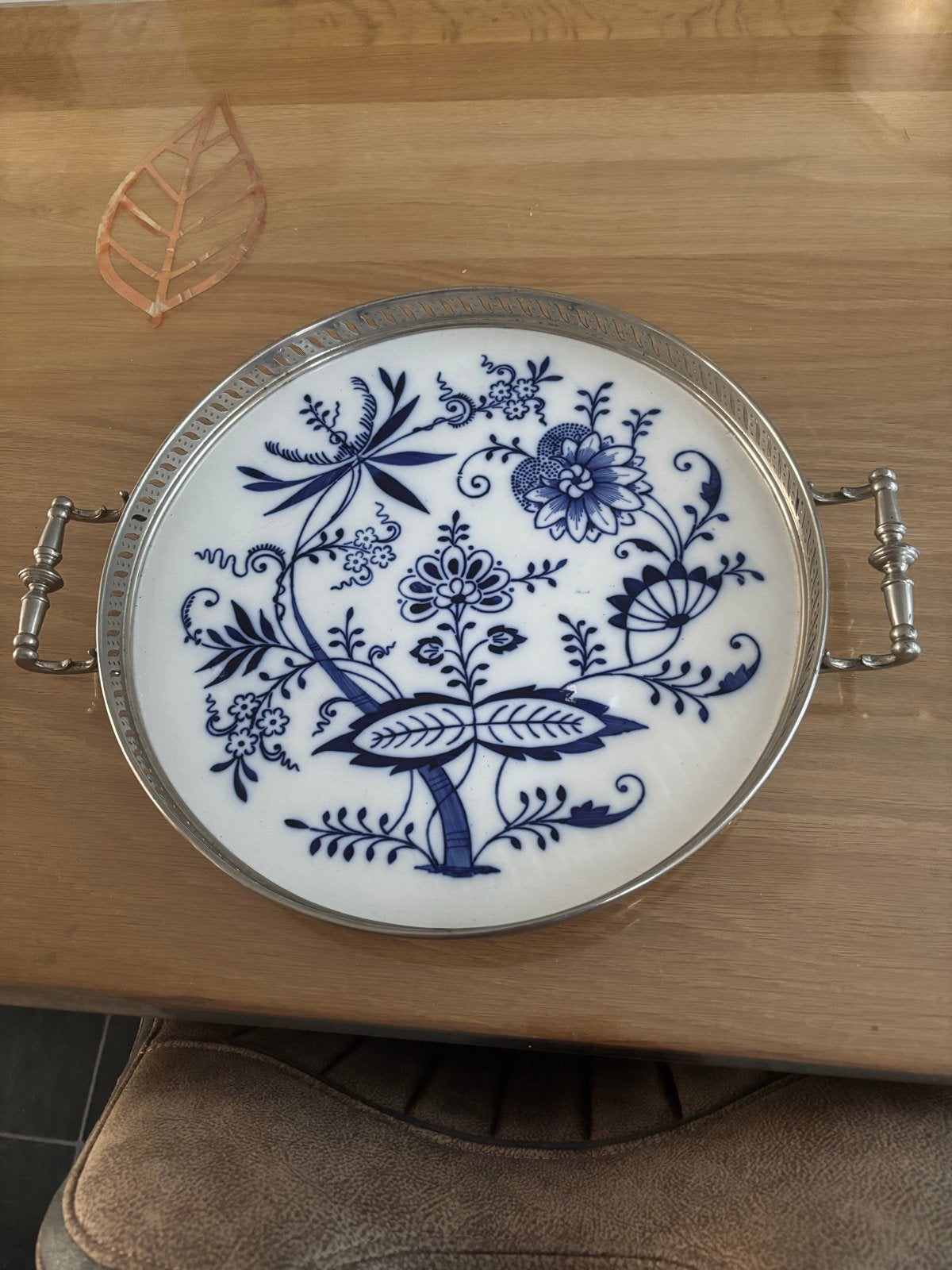 Antiek Blauw Saksisch Porseleinen Dienblad met Zilveren Rand, Ophalen of Verzenden