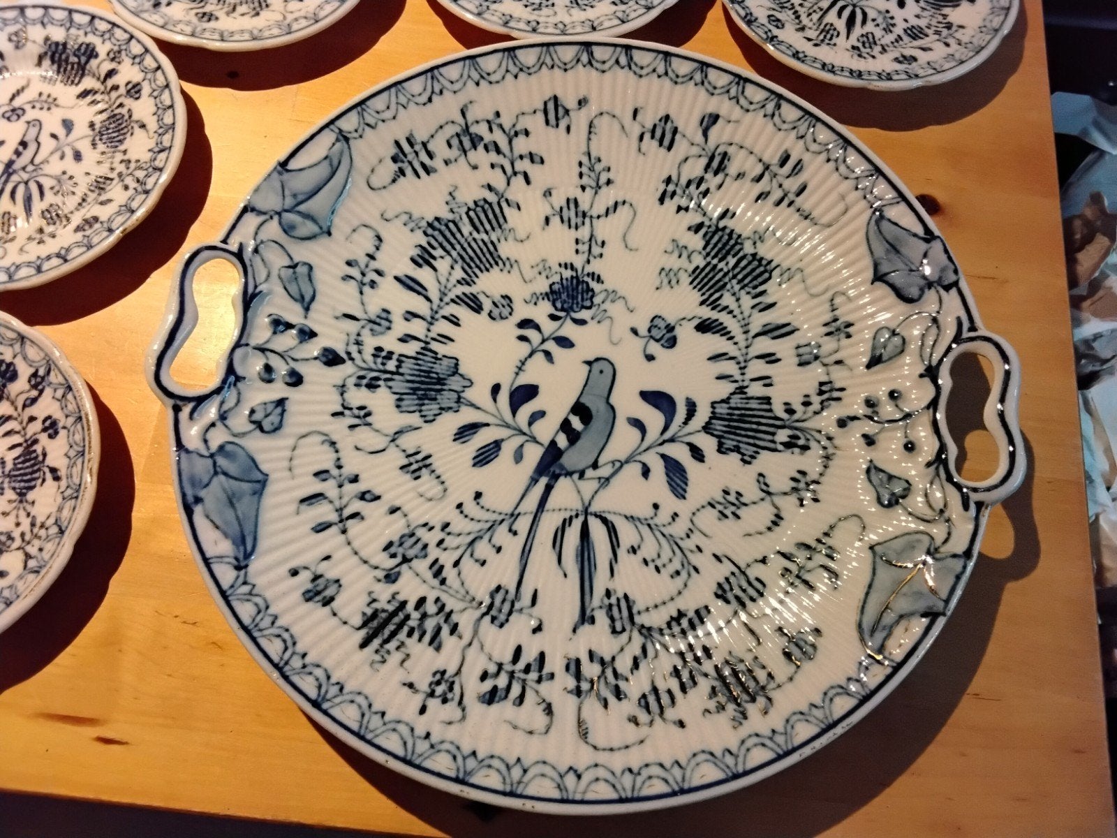 Blauw/zilver porseleinen gebakstel met 6 bordjes, Antiek en Kunst, Ophalen