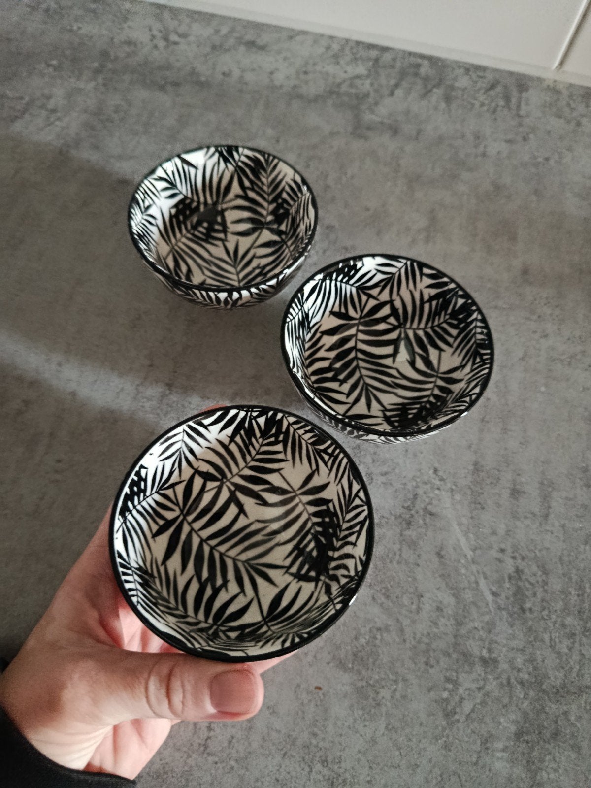 Set van 3 Jungle Loft kommetjes met palmbladprint, Porselein of Keramiek, Schaal, Rond, Ophalen of Verzenden