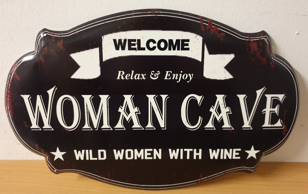 Woman Cave welcome wine reclamebord van metaal wandbord, Info@deconoord.nl, Deco Noord, Nieuw, Ophalen of Verzenden