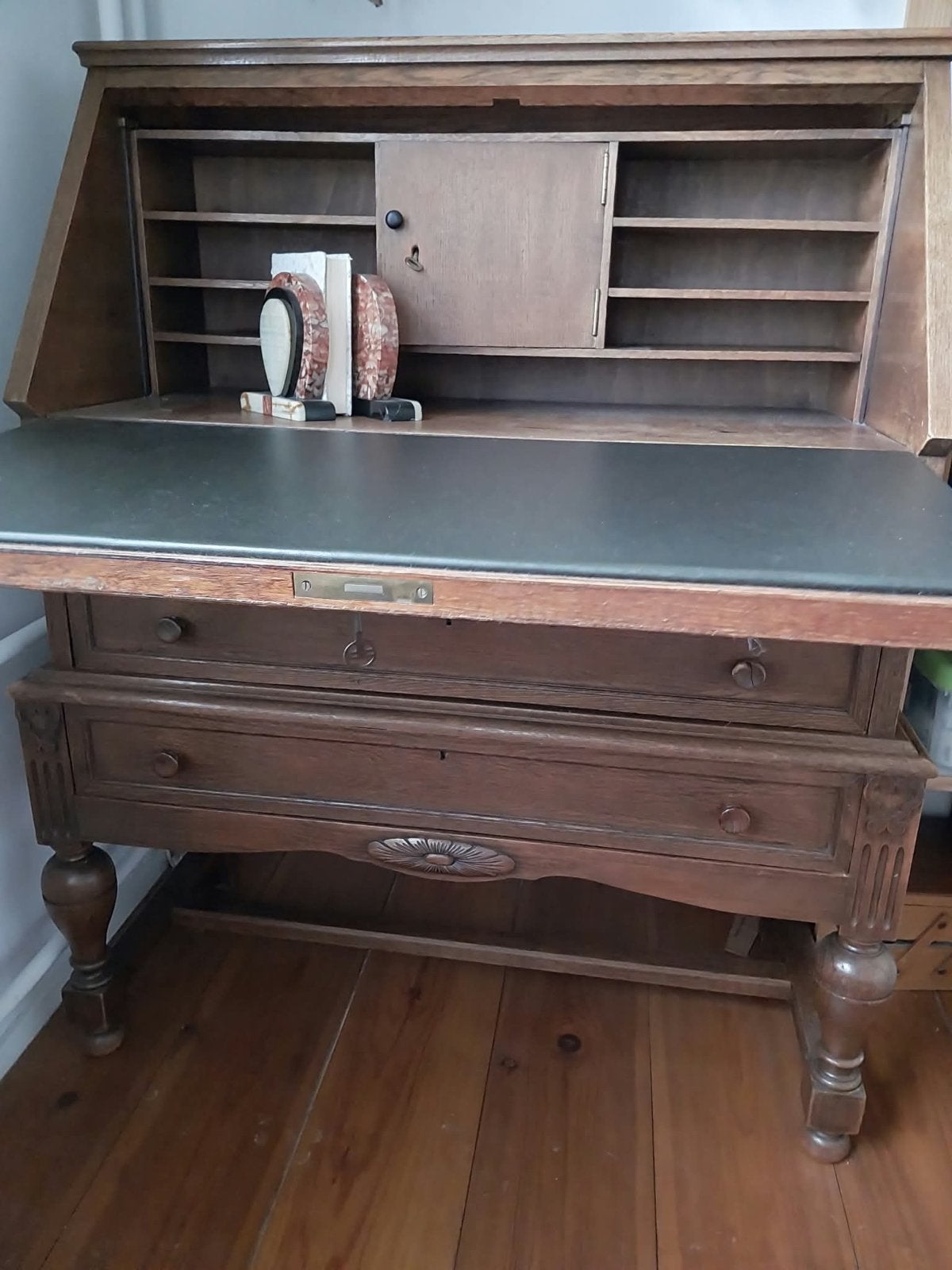 Antiek Eikenhouten Secretaire met Leren Inleg, Ophalen of Verzenden