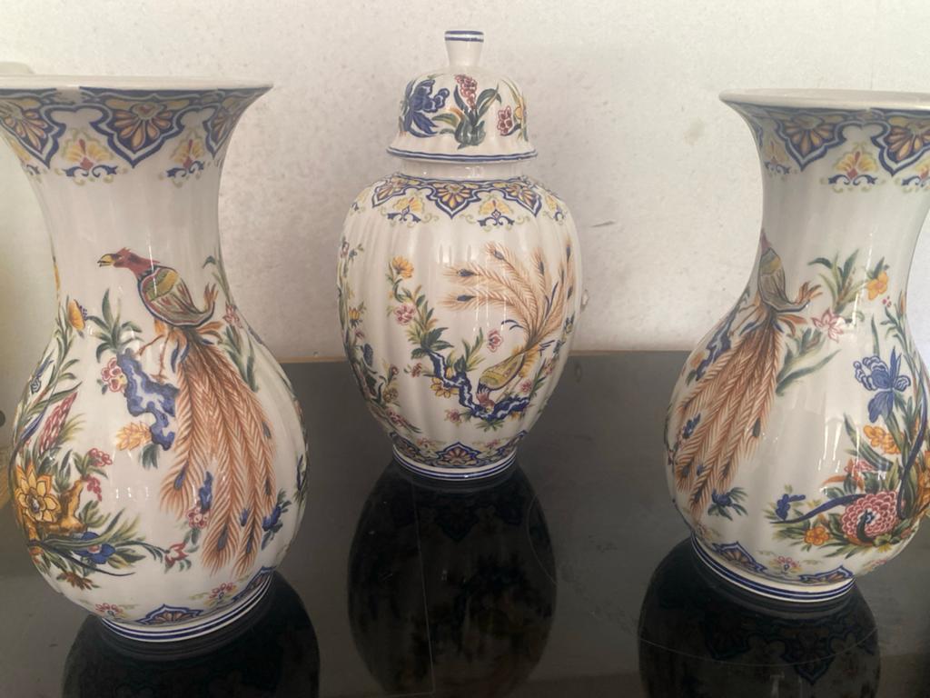 Prachtig porseleinen vazen en pot set met pauwen en bloemen, Ophalen