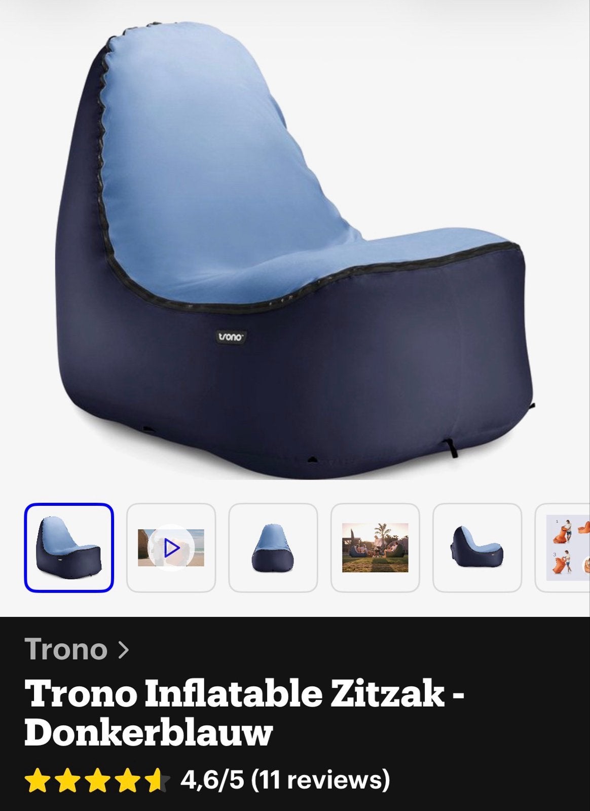 2x Trono Inflatable Zitzak - Donkerblauw met badstof zitting, Ophalen, Zo goed als nieuw, Blauw, Zitzak