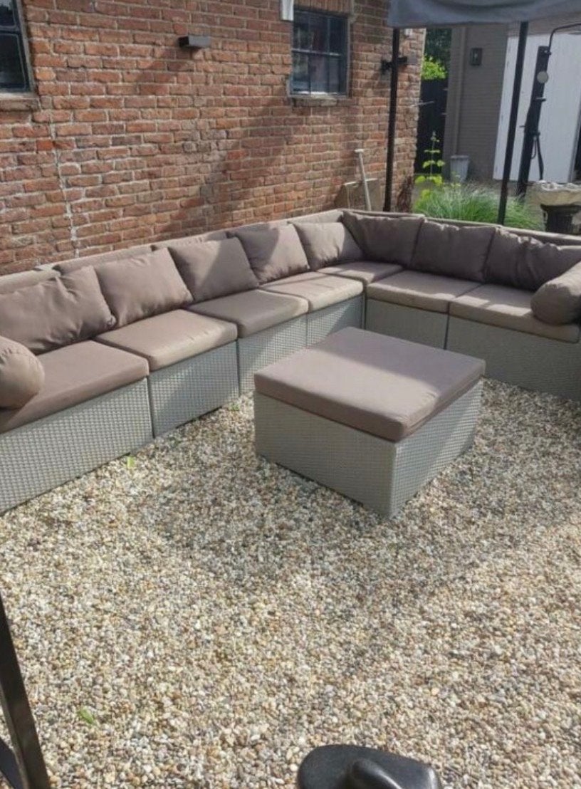 Grote wicker tuinset / loungeset met hocker, Meer dan 8 zitplaatsen, Ophalen of Verzenden, Zo goed als nieuw, Loungeset