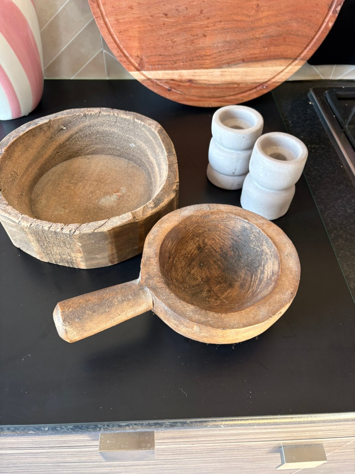 Stoere set: 2x oud houten vijzel / schaal + kandelaren, Ophalen of Verzenden, Zo goed als nieuw, Hout