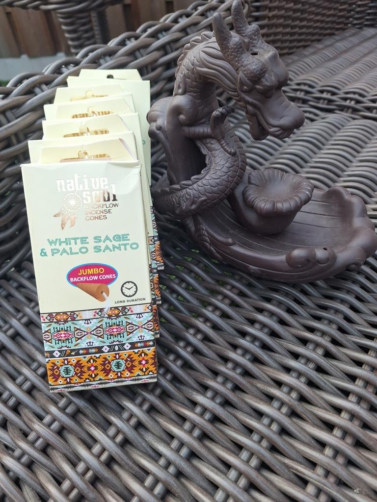 Wierookbrander Draak met White Sage & Palo Santo kegels, Ophalen of Verzenden, Bruin, Steen/keramiek, Oosters