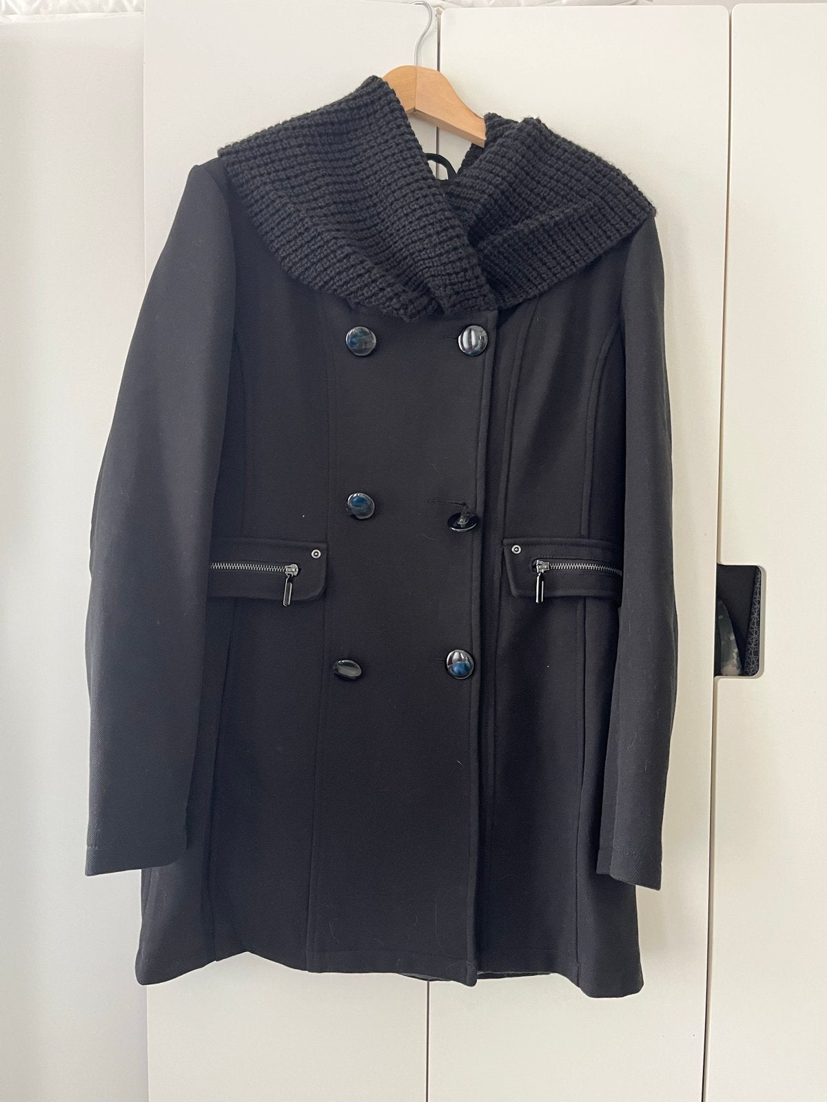 Vero Moda zwarte jas met gebreide kraag - Maat L, Ophalen, Gedragen, Maat 42/44 (L), Zwart