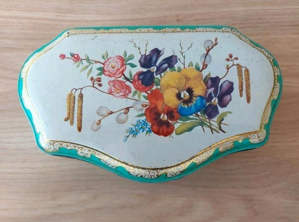 VINTAGE GROEN DE GRUYTER BLIK VIOOLTJES WILGENKATJES, Verzamelen, Blikken, Verzenden, Gebruikt, Overige, Overige merken