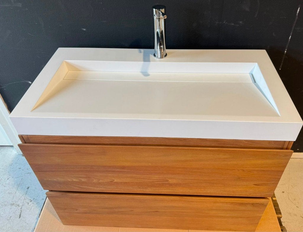 Teak badkamer meubel met solid surface wastafel 90cm, Ophalen, 50 tot 100 cm, Zo goed als nieuw, Minder dan 100 cm
