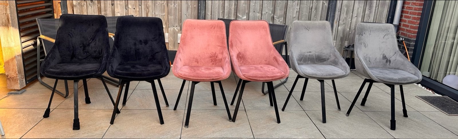 Set van 6 velvet eetkamerstoelen in diverse kleuren, Ophalen, Gebruikt, Overige kleuren, Stof