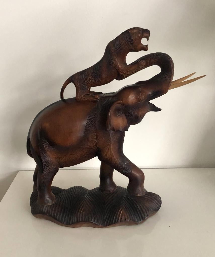 fraai beeld olifant met panter vintage, Antiek en Kunst, Houtsnijwerk, Ophalen of Verzenden, 20 - 50 cm, Hout