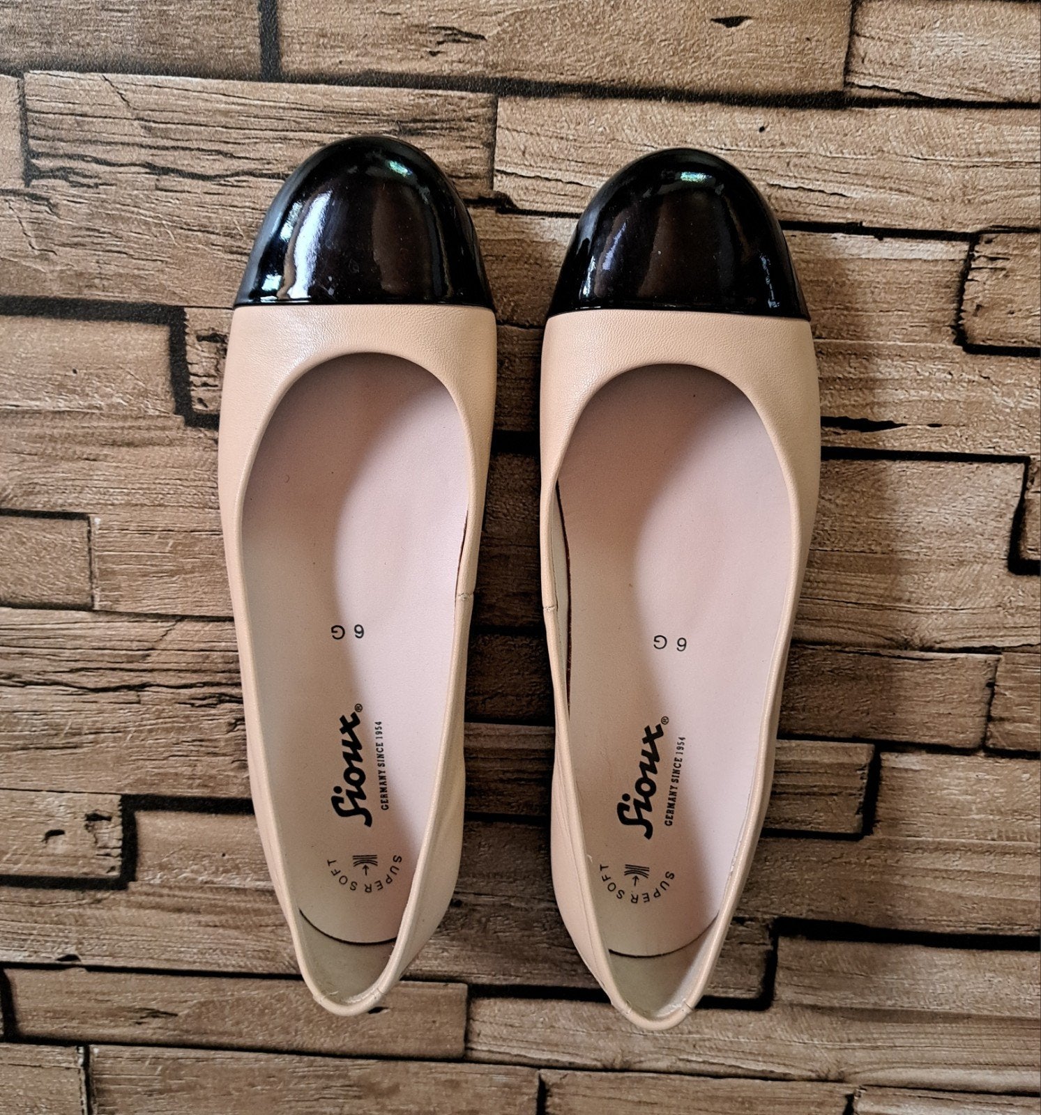 Sioux Leren Ballerina's - Beige/Zwart - Mt 39, Beige, Ballerina's, Zo goed als nieuw, X
