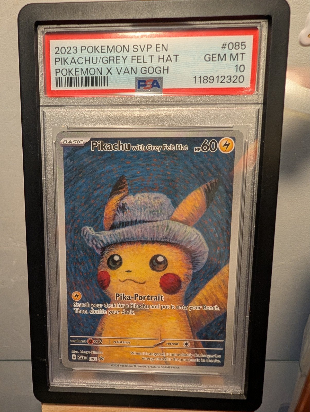 Pikachu PSA 10 with grey felt hat (Van Gogh) PSA 10 GEM MT, Ophalen, Zo goed als nieuw, Losse kaart
