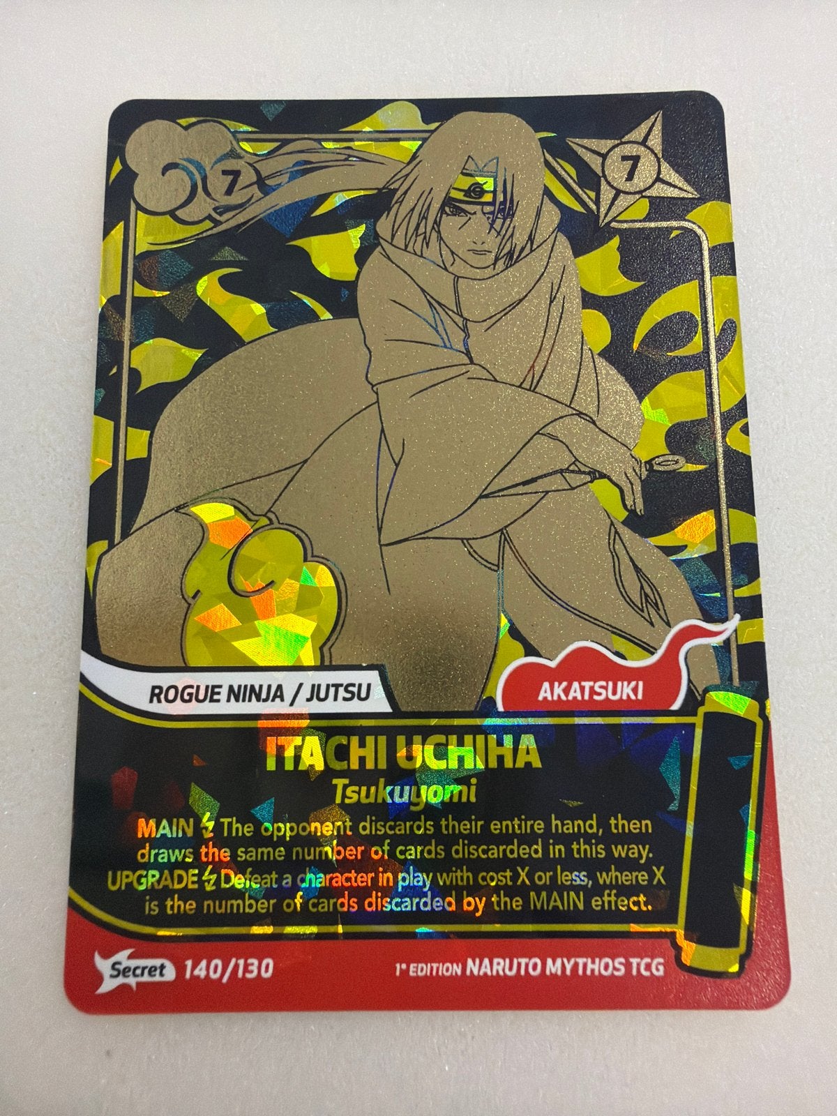 Itachi Uchiha Tsukuymi Secret 140/130 Naruto Mythos TCG, Ophalen of Verzenden, Zo goed als nieuw, Losse kaart, Foil