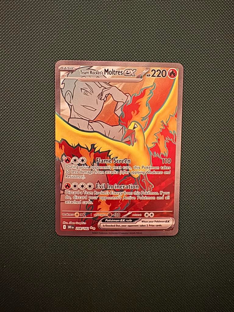 Team Rocket's Moltres ex 208/182 - Destined Rivals Pokémon, Ophalen of Verzenden, Zo goed als nieuw, Losse kaart, Foil