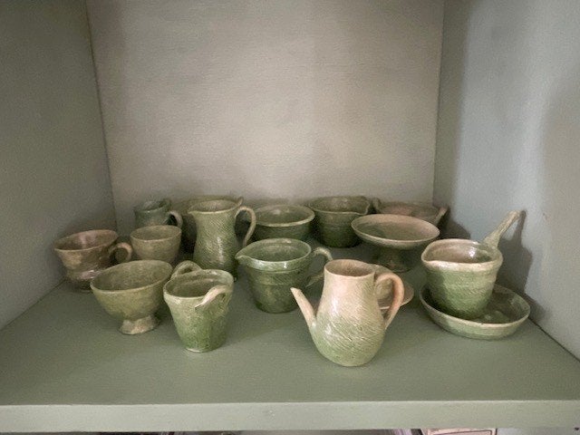 Miniatuur keramiek kunst potten keramiek. Groen aardewerk, Ophalen