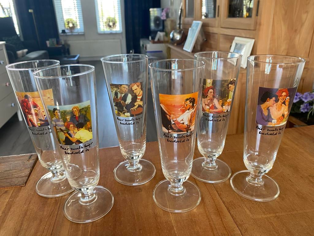 6 Heineken Vintage Bierglazen met Illustraties en Tekst, Ophalen of Verzenden, Meerkleurig, Overige merken, Glas