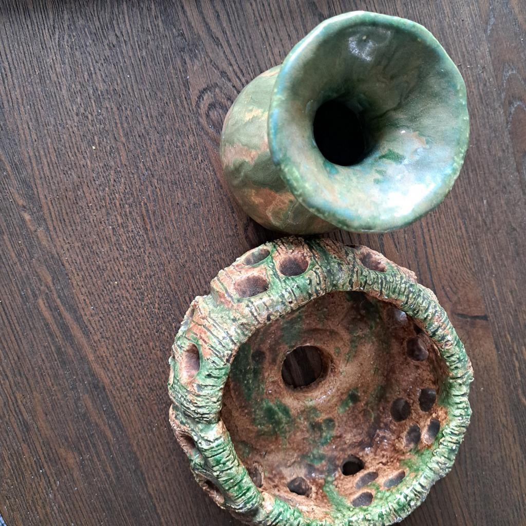 Aardenwerk vaasje en bakje, groen bruin, Ophalen, Overige kleuren, Glas, Minder dan 50 cm