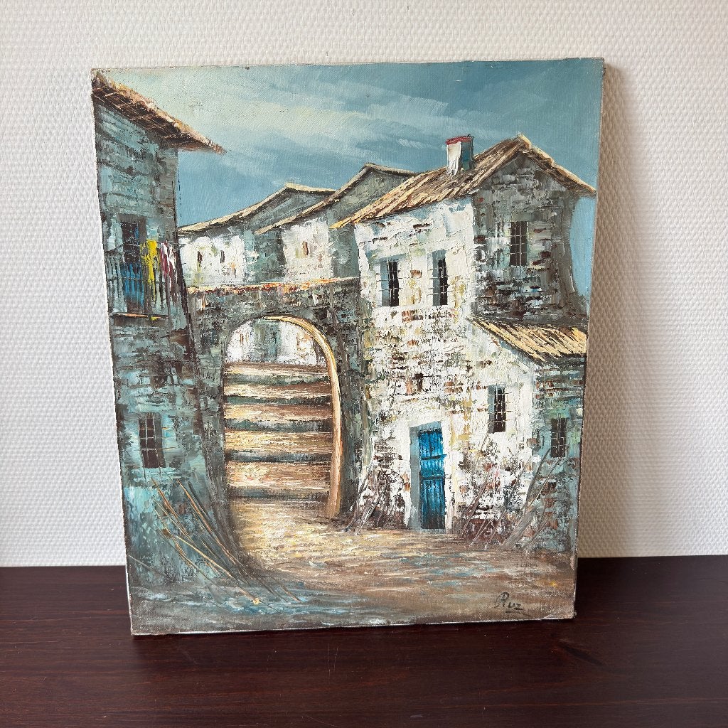 Mediterraans Olieverf Schilderij, Stadgezicht, Witte Huizen, Ophalen of Verzenden, Olieverf, Stads- / dorpsgezicht, Doek