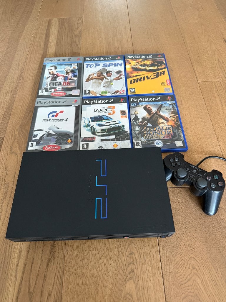 PlayStation 2 Slim met controller en 6 games, Met games, Zwart, Ophalen of Verzenden, Zo goed als nieuw