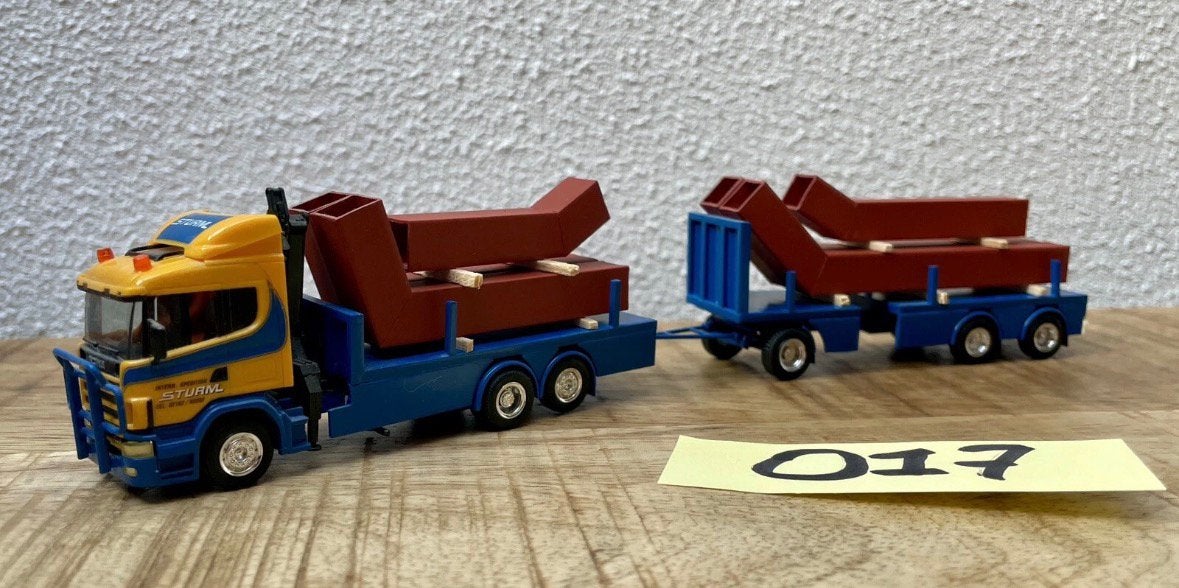 017 Herpa Scania 124 HL spedition Sturm incl lading, Ophalen of Verzenden, Gebruikt, Bus of Vrachtwagen, Herpa