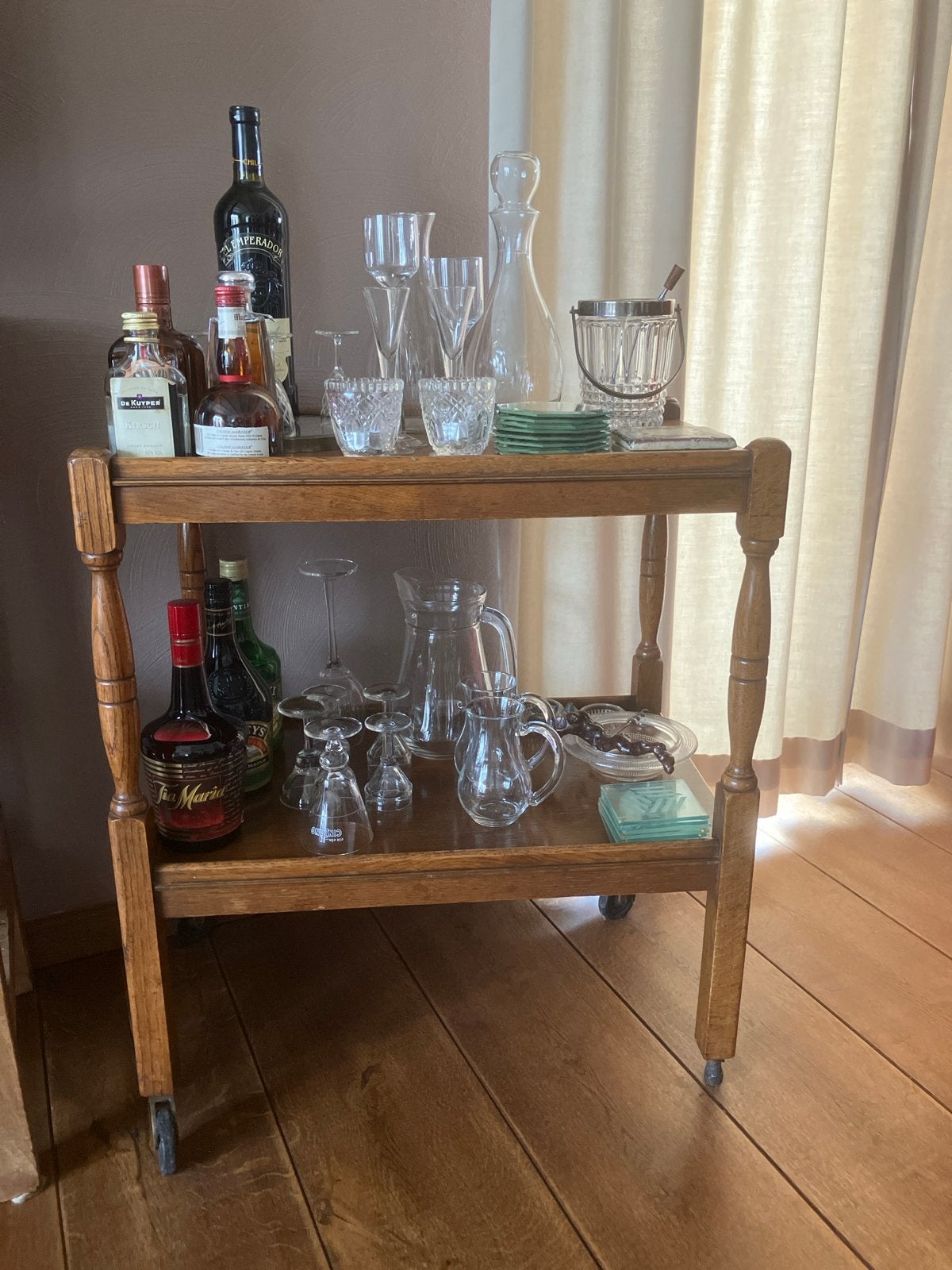 Vintage houten serveerwagen op wielen, Ophalen, Gebruikt