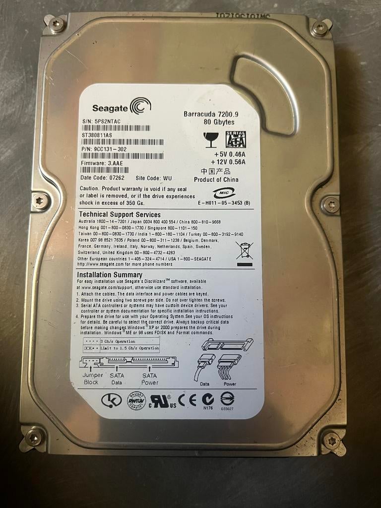 Seagate Barracuda 7200.9 80GB SATA Harde Schijf, Computers en Software, Harde schijven, Ophalen, Intern, Gebruikt, Seagate
